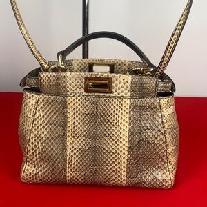 Fendi Mini PeekabooTop-Handle Bag in Beige, Black and Gold